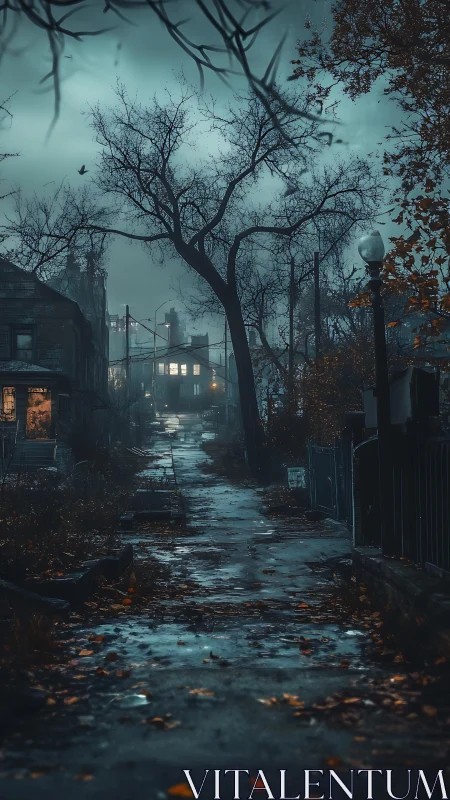 Deserted residential alleyway at dusk with wet pavement.
