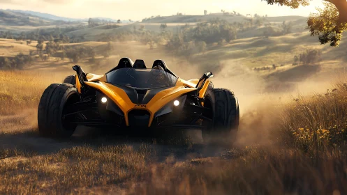 Wild off road racer charges through golden countryside dust