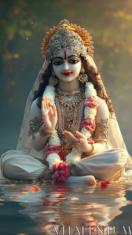 Divine goddess idol in jeweled robes over reflective water.
