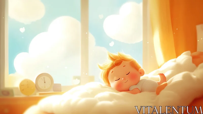 Backlit infant sleeping in sunlit nursery with soft bokeh clouds