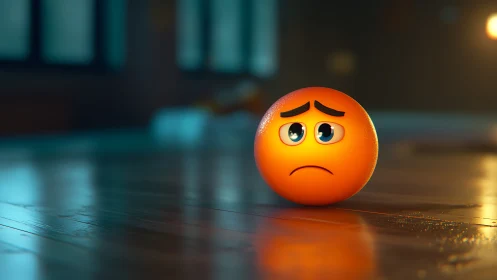 Orange 3D emoji sphere with sad face on reflective floor.