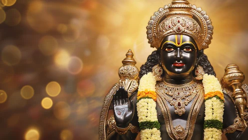 Hindu deity statue with garlands and golden halo glow.