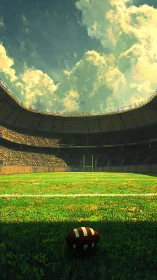 Wide-angle view of empty football stadium with textured turf lighting