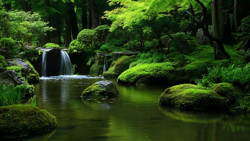 Hydrologically balanced moss cascade in shaded forest pool.