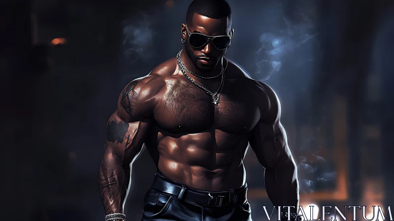 Sculpted cyber-styled bodybuilder in moody neon haze.