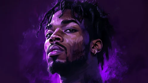 Portrait of confident man in vivid purple digital strokes.