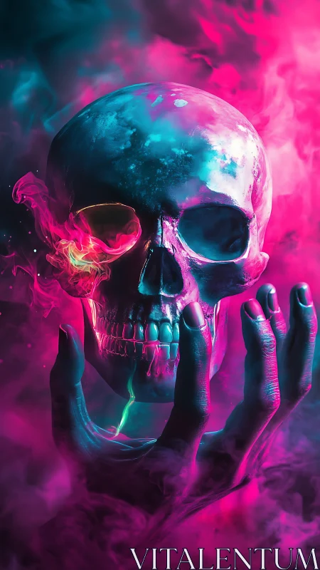 Electric neon skull rests in a mysterious glowing hand