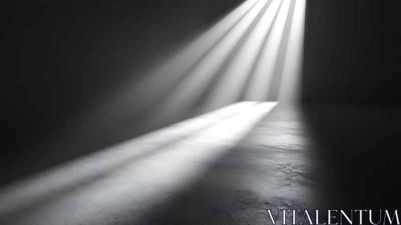 Sharp diagonal light beams across dark concrete space.