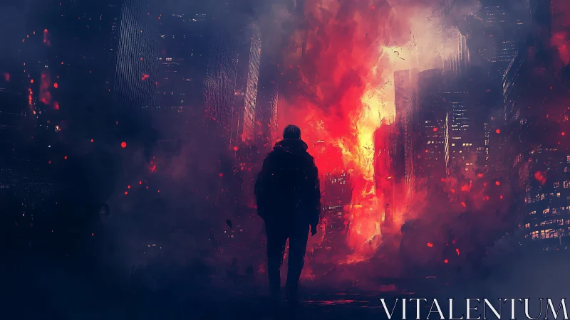 Solitary figure confronts catastrophic urban inferno amid towering architecture.