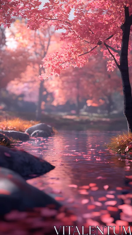 Pink-leaf trees line a shallow stream with drifting foliage.