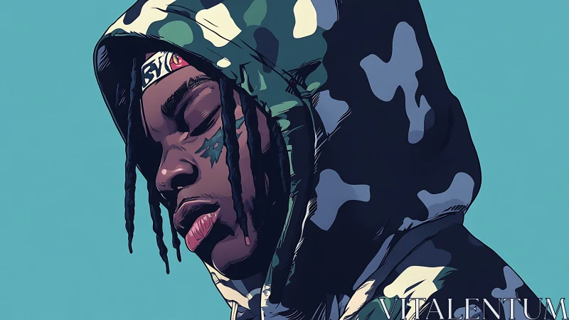 Hooded figure in camo jacket against flat teal background.