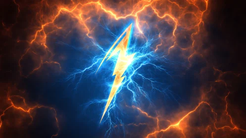 Central lightning bolt symbol divides blue and orange energy