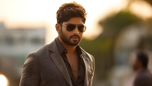 Man in gray suit walks outdoors in soft evening light
