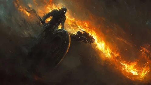 Rider figure directs motorbike through sweeping fire arc