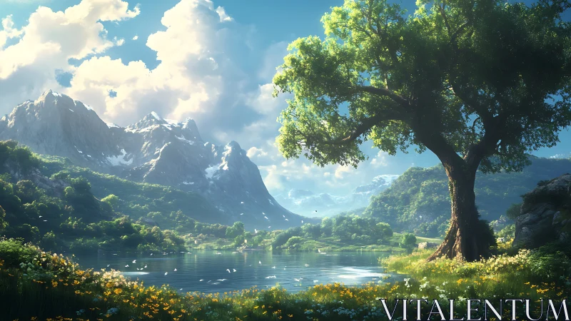 Majestic lakeside tree stands under radiant mountain light