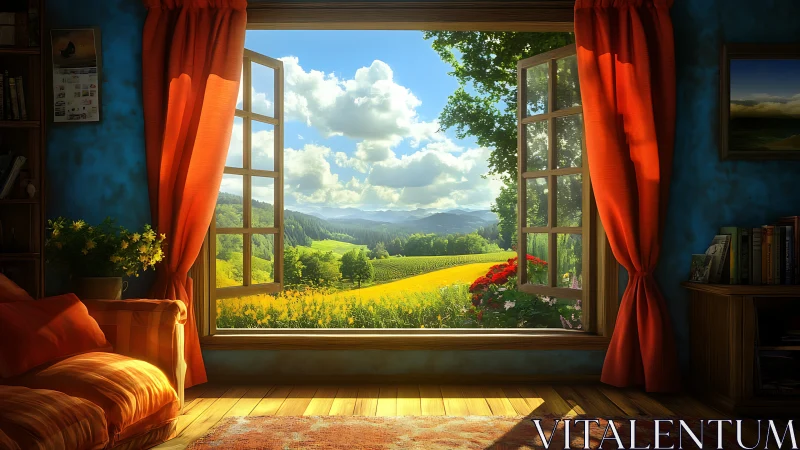 Sunlit country view welcomes a peaceful, cozy reading nook