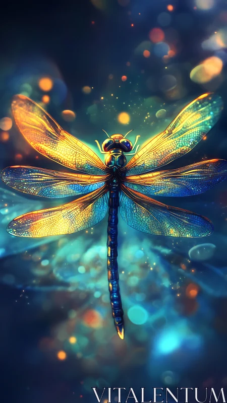 Bioluminescent dragonfly anatomy under spectral bokeh field.