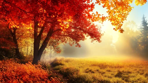 Bright autumn forest edge with sunlight over meadow.