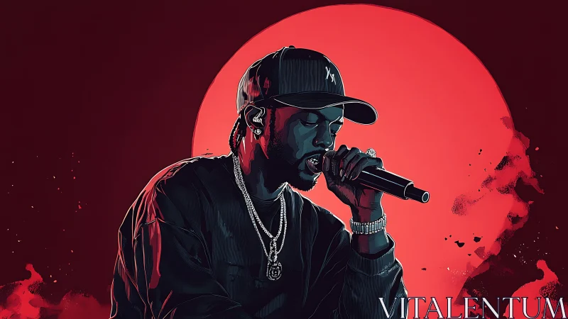 Rapper performs under bold red moonlit backdrop