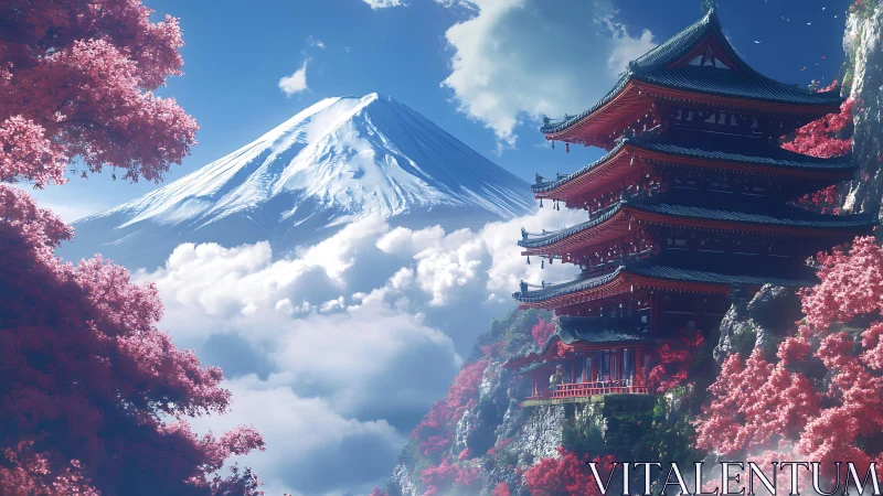 Pagoda above the clouds gazes toward a tranquil sacred peak