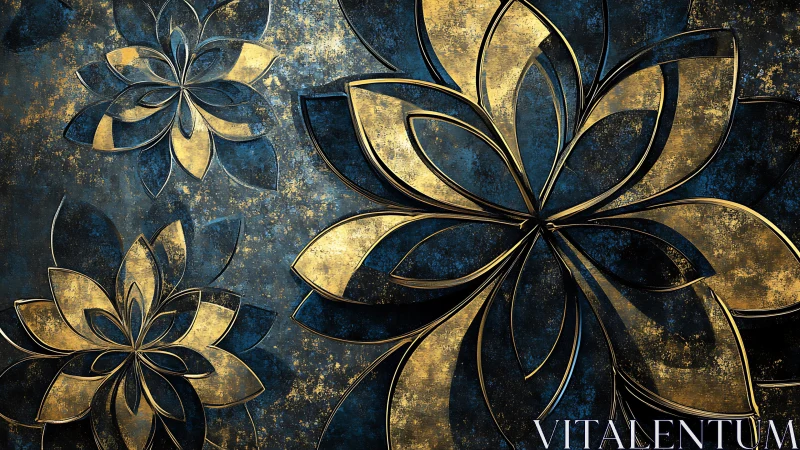 Metallic floral tessellation in blue-gold relief composition.