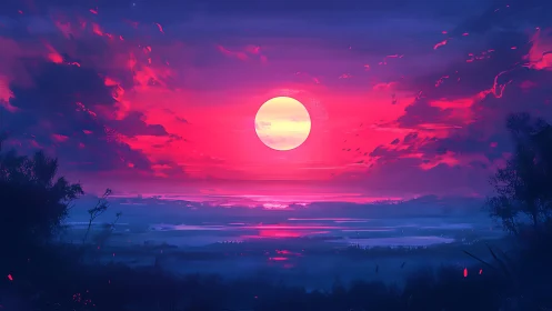 Neon moonrise soaking a dreamlike horizon in magenta fire.