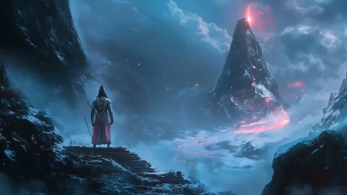 Solitary warrior studies luminescent volcanic peak in blizzard