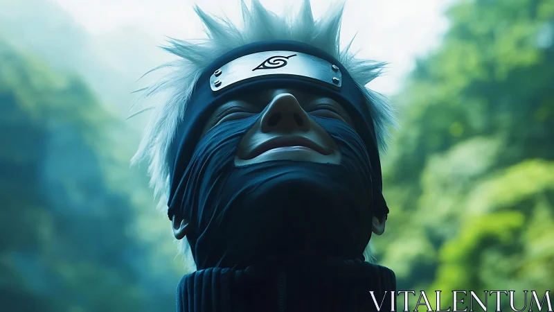 Photorealistic masked ninja portrait with forest bokeh depth.