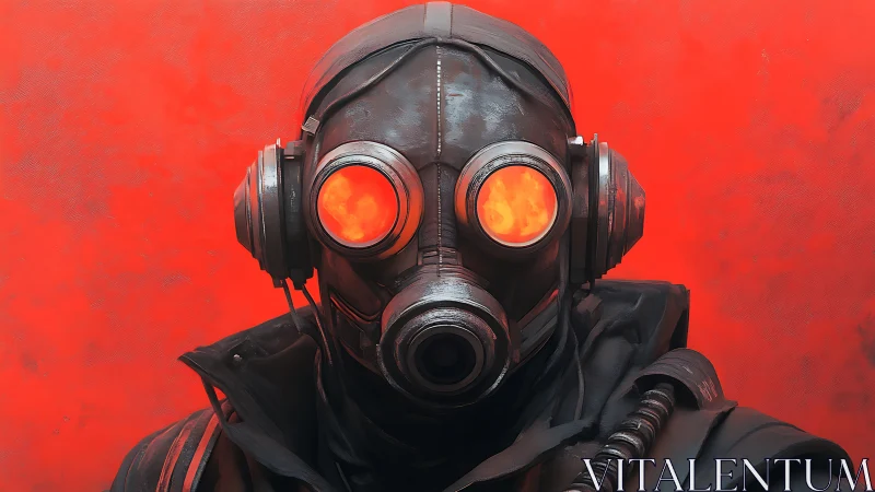Figure in industrial gas mask against uniform red backdrop.