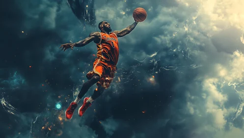 Cosmic basketball dunk freezes midair over storm clouds.