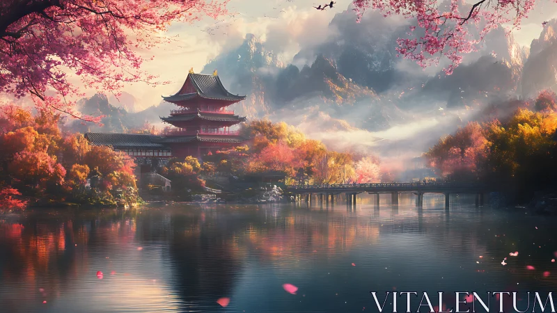 Serene pagoda landscape renders misty mountains in spring light
