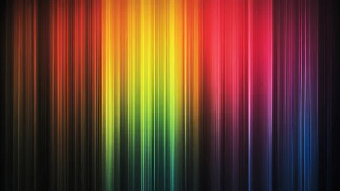 Neon rainstorm of vertical rainbow light curtains at dusk.