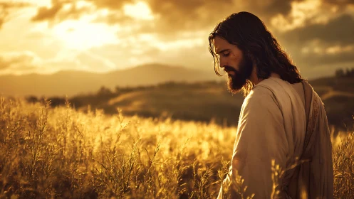 Golden-hour wanderer bows quietly beneath a wheatlit sky