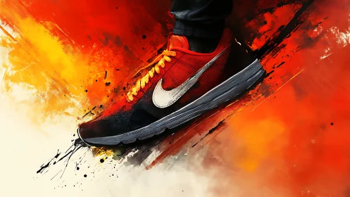 Dynamic red sneaker rendered in high-impact digital abstraction