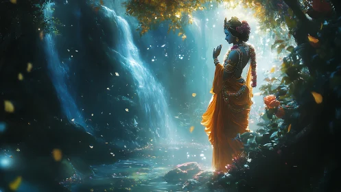 Divine figure in orange robe by glowing forest waterfall.