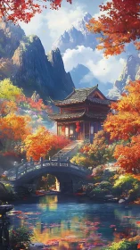 Autumn mountain temple over quiet bridge and blue water.