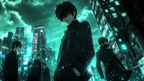 Neon-drenched anime vigilantes in asymmetric urban composition.