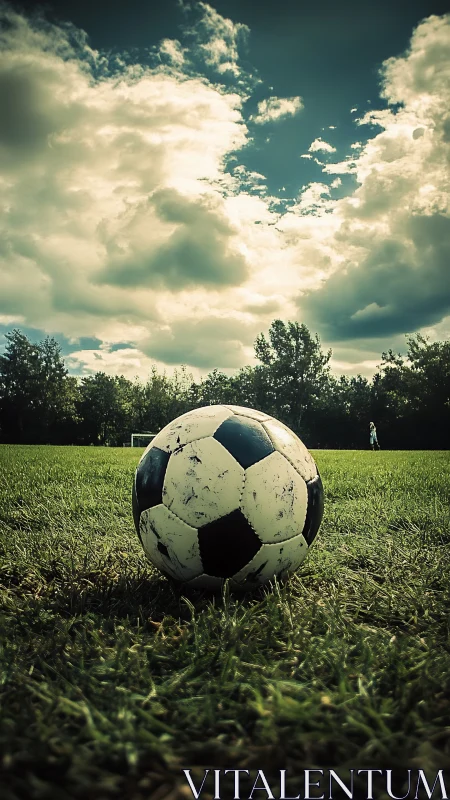 Weathered soccer ball on empty grass field under clouds.