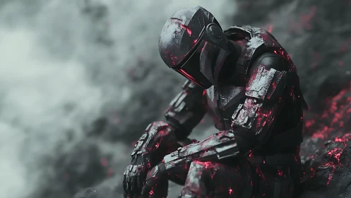 Armored cyber-soldier resting amid embers in desaturated fog