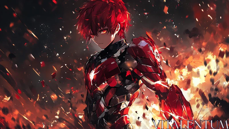 Armored red-haired warrior in fragmented inferno blast field