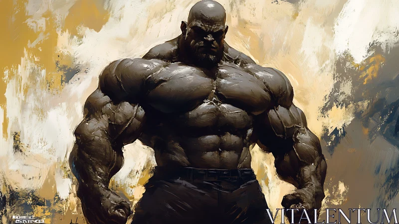 Hypermuscular male figure in painterly digital rendering.