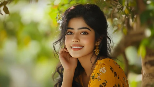 Portrait of woman in yellow floral dress outdoors.