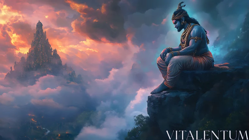 Mythic blue deity studies distant temple amid volumetric clouds