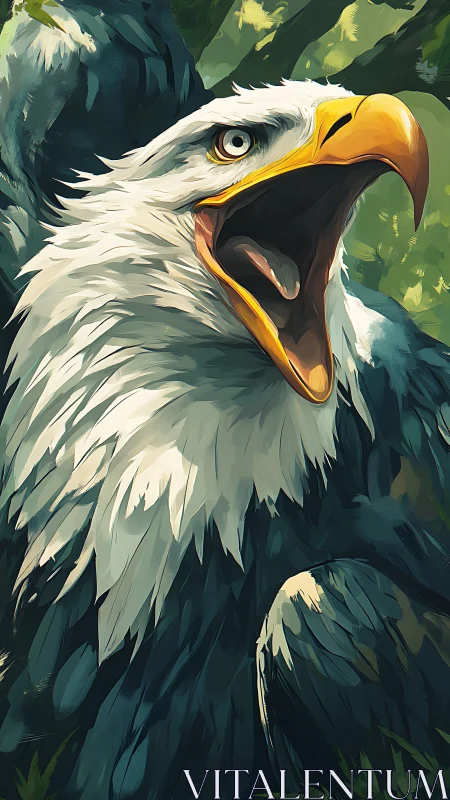 Bald eagle portrait captures fierce cry in forest light.