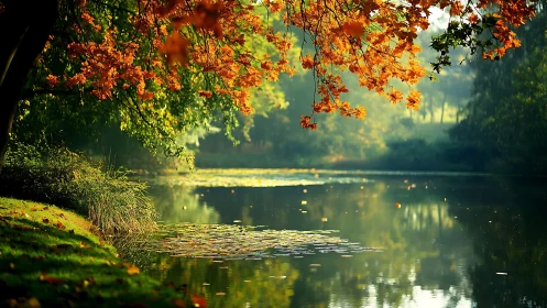 Autumn foliage over reflective lake with surface lily pads.