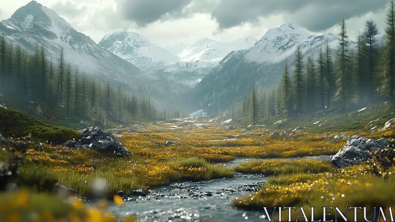 Mountain valley stream glows under brooding silver skies.