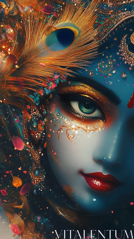 Iridescent deity portrait with peacock plume and gilded optics.