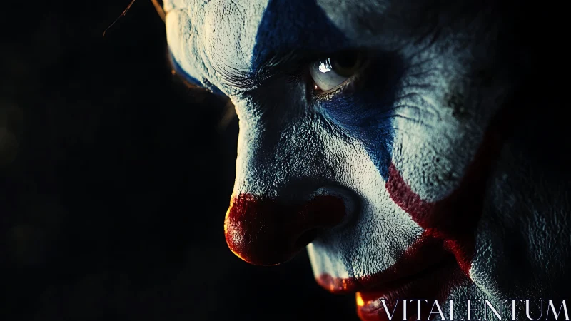 Sinister clown close-up under harsh chiaroscuro lighting.