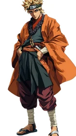 Anime warrior character in layered samurai streetwear design.