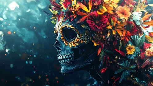 Floral sugar skull portrait merges death motif with color.